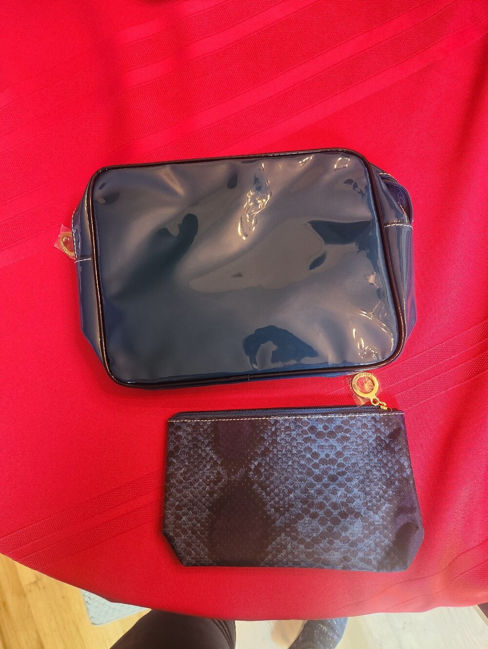 Estee Lauder Navy Blue Patent Cosmetic Travel Bag with Snake-Print Pouch